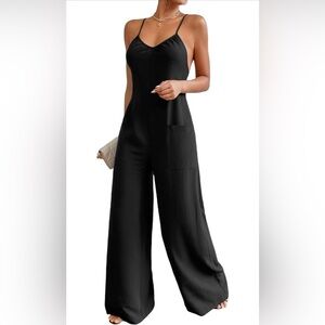 V Neck Sleeveless Crisscross Backless Wide Leg Cami Jumpsuit Pants with Pocket